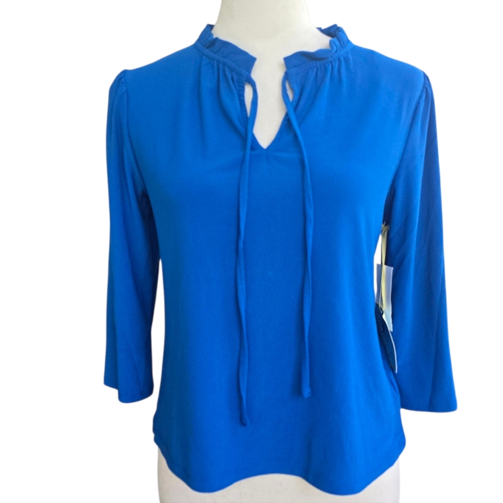 CeCe Vibrant Blue Keyhole Tie Ruffle Neck Blouse Size XS NWT
